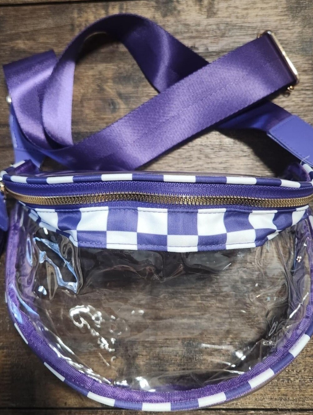 Large Stadium Clear Bag, Crossbody, Purple & White checkered trim, Brand new!